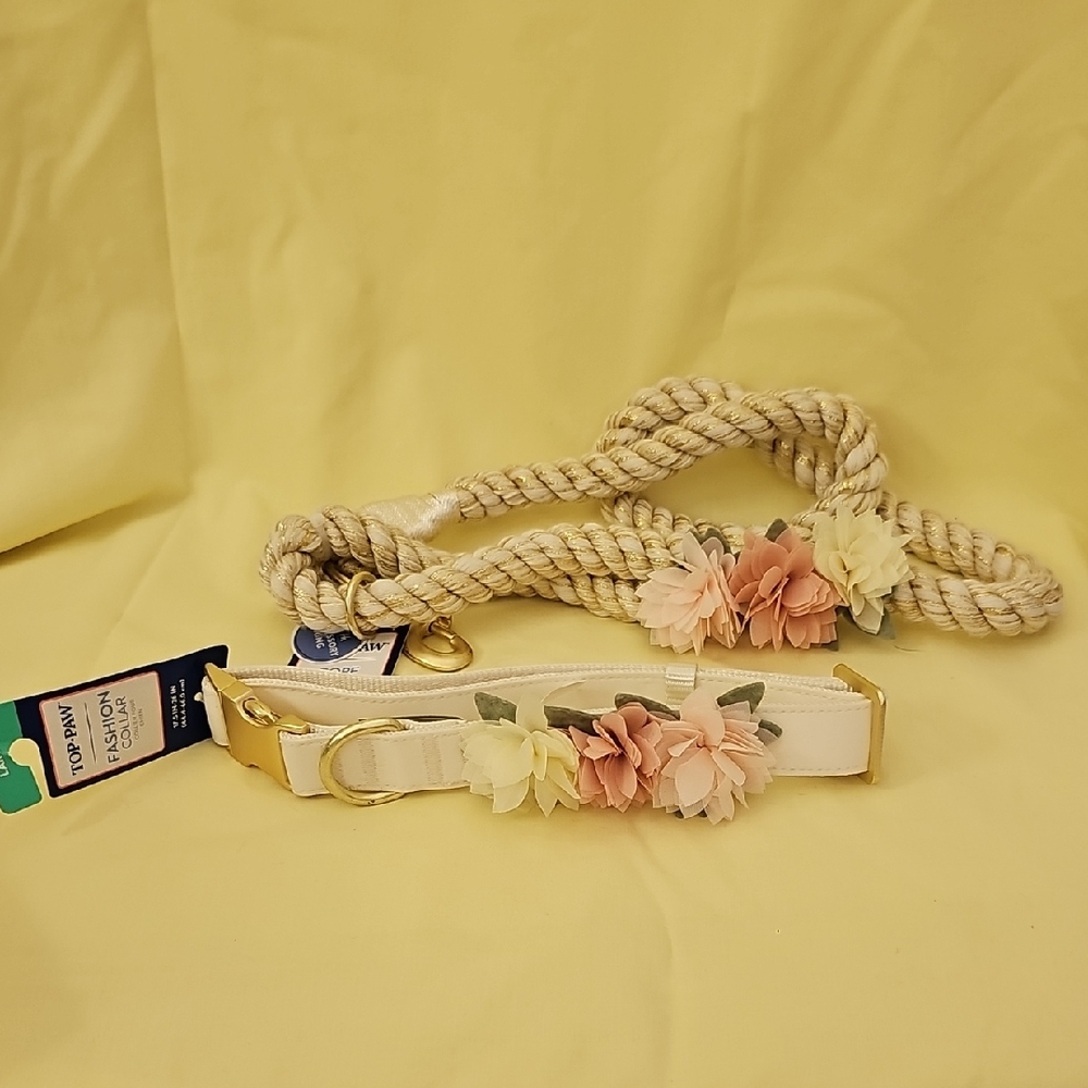 Floral Embellished Cream Dog Collar and Rope Leash Set TOP PAW SIZE LARGE
